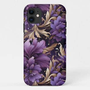 Capa Para iPhone 11 Ouro Quic E Botânica Floral Púrpura