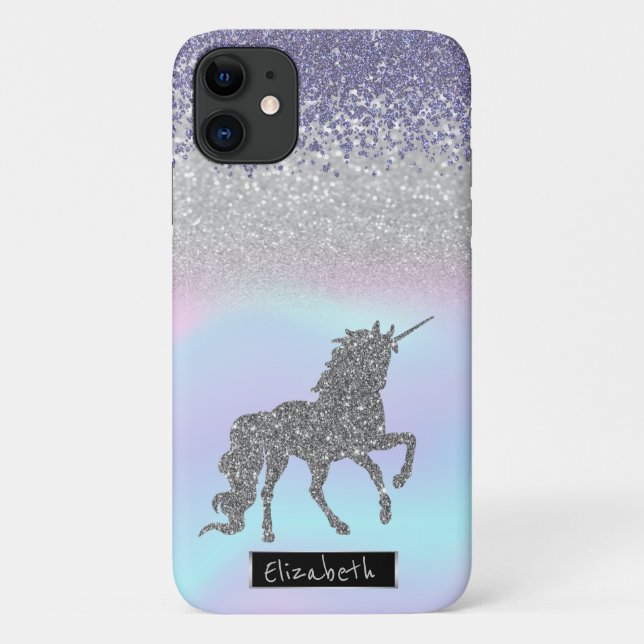 Capa Para iPhone 11 Ouros Violetas Holográficos, Unicórnio Glitter (Verso)
