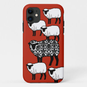 Capa Para iPhone 11 Ovelhas de Damasco Preto em Vermelho