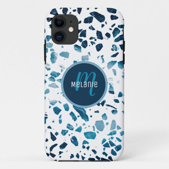 Capa Para iPhone 11 Padrão Abstrato Terrazzo azul-mosaico personalizad (Verso)