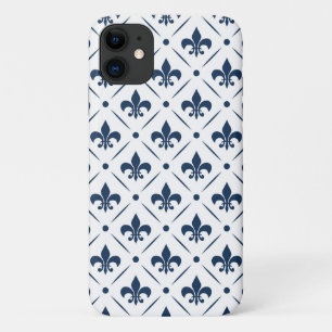 Capa Para iPhone 11 Padrão azul escuro Fleur De Lis sobre fundo branco