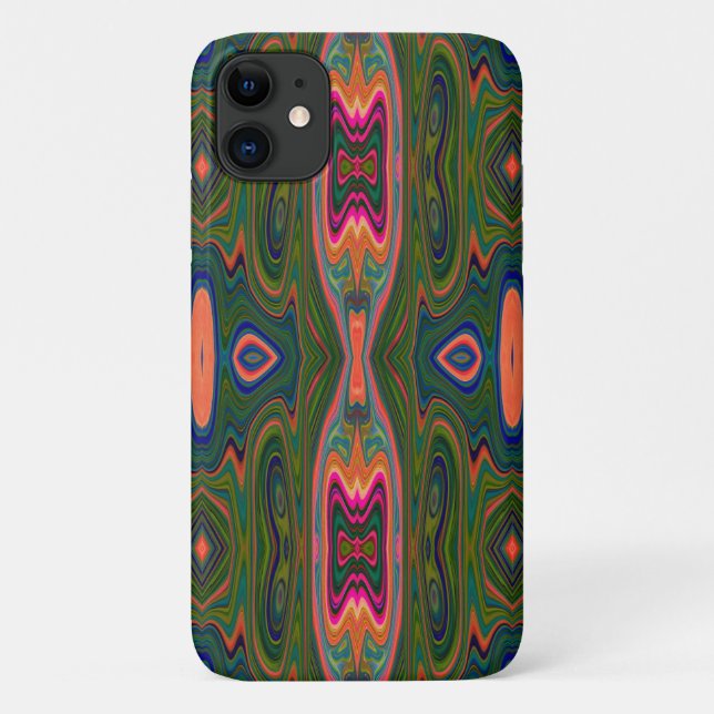 Capa Para iPhone 11 Padrão Azul, Verde e Laranja Abstrato Retro (Verso)