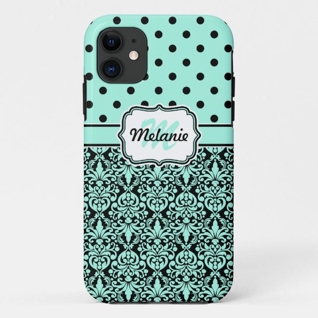 Capa Para iPhone 11 Padrão Bolinhas de Damasco Monograma Turquesa (Verso)