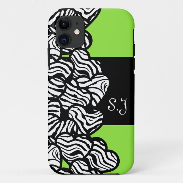 Capa Para iPhone 11 Padrão branco preto verde zebra padrão cardíaco mo (Verso)