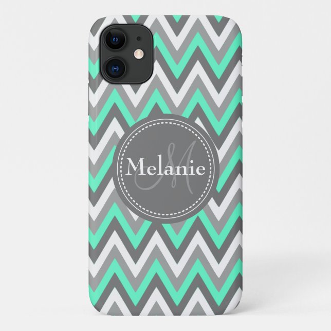 Capa Para iPhone 11 Padrão Chevron Azul e Cinza Monograma (Verso)