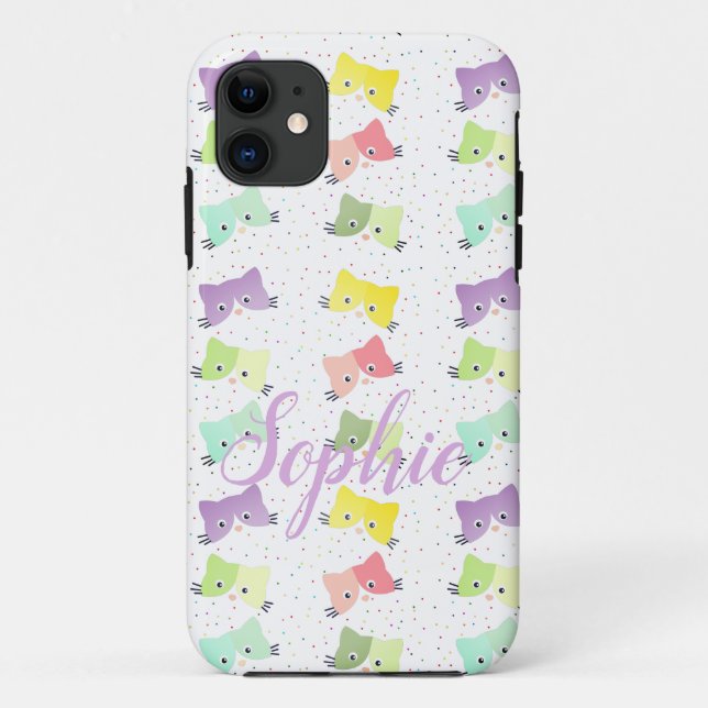 Capa Para iPhone 11 Padrão Colorido de Kittens Felizes (Verso)
