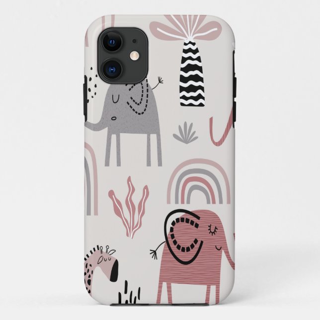 Capa Para iPhone 11 padrão com elefantes fofos e girafas gigantes (Verso)