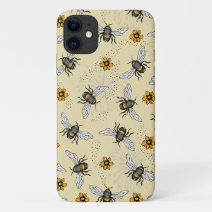 Capa Para iPhone 11 Padrão de Abelhas de Mel Amarelas e Flores de Verã