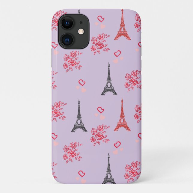 Capa Para iPhone 11 Padrão de Amor em Paris – Torre Eiffel & Rosas Sea (Verso)