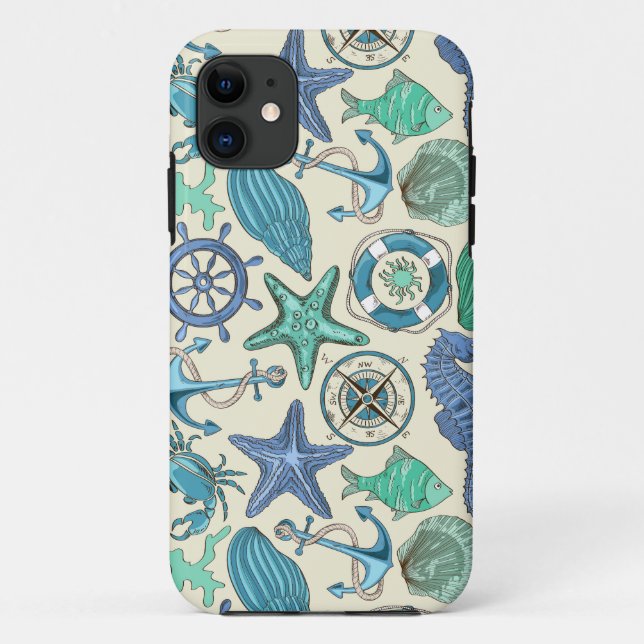 Capa Para iPhone 11 Padrão de Animais do Mar Teal (Verso)