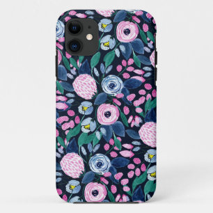 Capa Para iPhone 11 Padrão de Aquarela do Buquê Floral Azul, Marinho R