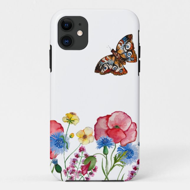 Capa Para iPhone 11 Padrão de aquarelas com flores silvestres desenhad (Verso)