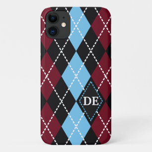 Capa Para iPhone 11 Padrão de Argyle preto, monograma azul burguês