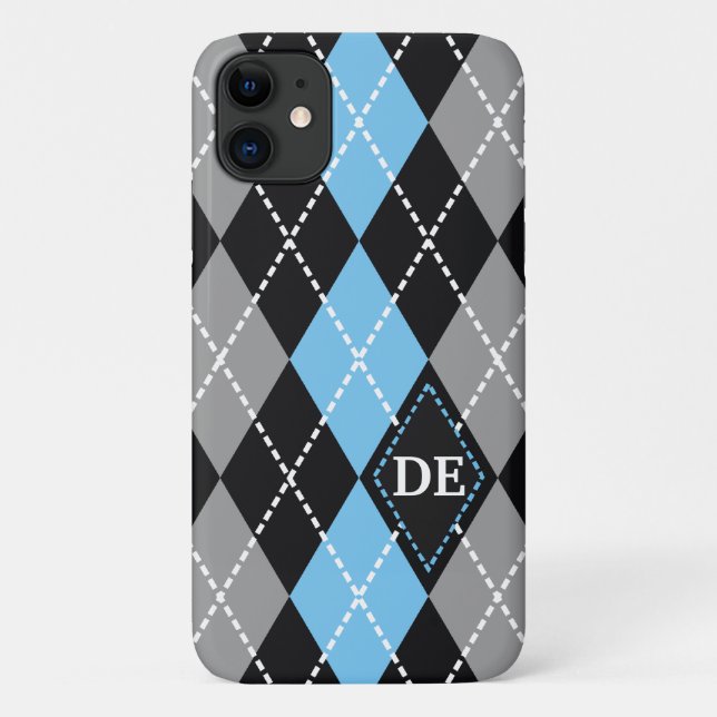 Capa Para iPhone 11 Padrão de argyle preto, monograma azul de cinza (Verso)