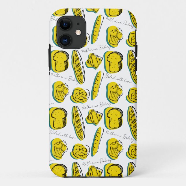 Capa Para iPhone 11 Padrão de Bakery Amarelo de Nome Personalizado (Verso)