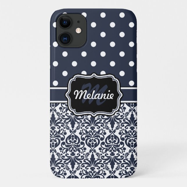 Capa Para iPhone 11 Padrão de Bolinhas Damask Monograma Azul Escuro (Verso)