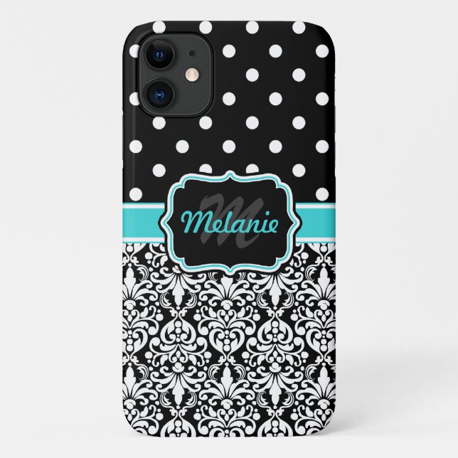 Capa Para iPhone 11 Padrão de Bolinhas de Damask Monograma Azul Brilha (Verso)