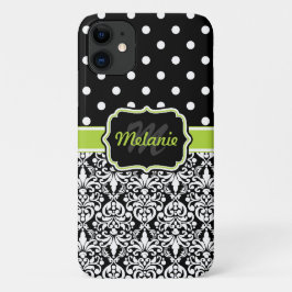 Capa Para iPhone 11 Padrão de Bolinhas de Damask Verde Preto