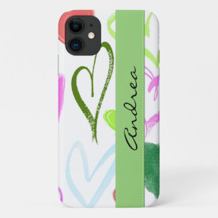 Capa Para iPhone 11 Padrão De Corações, Corações Coloridos, Seu Nome