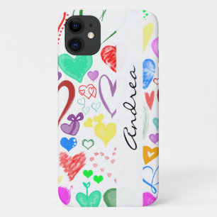 Capa Para iPhone 11 Padrão De Corações, Corações Coloridos, Seu Nome