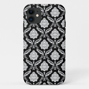 Capa Para iPhone 11 Padrão de Damasco Rococó Branco no Preto