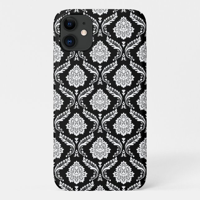 Capa Para iPhone 11 Padrão de Damasco Rococó Branco no Preto (Verso)