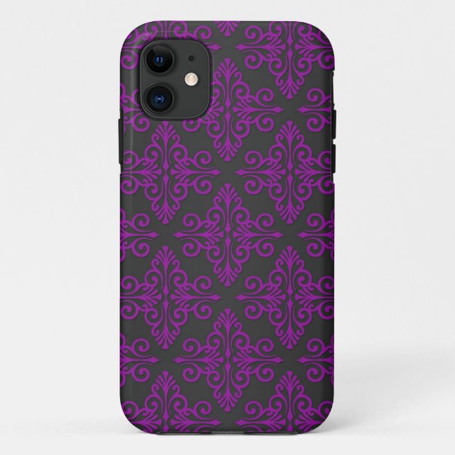 Capa Para iPhone 11 Padrão de Damasco Roxo e Preto (Verso)