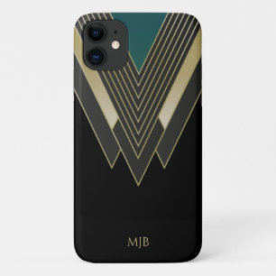 Capa Para iPhone 11 Padrão de Deco de Arte Preta e Dourada com Monogra