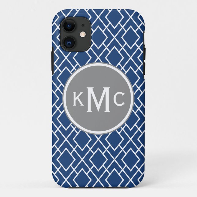 Capa Para iPhone 11 Padrão de Diamante Azul do Marinho monograma (Verso)