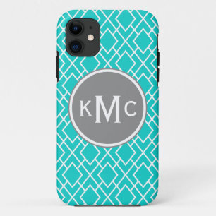 Capa Para iPhone 11 Padrão de Diamante Azul Teal, Na moda, Monograma