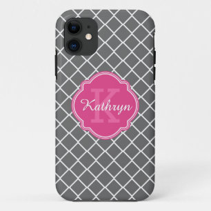 Capa Para iPhone 11 Padrão de Diamante da Cinza de Monograma Rosa Quen