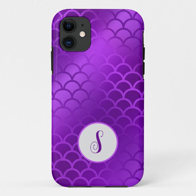 Capa Para iPhone 11 Padrão de escalas de sereia roxa inicial personali (Verso)