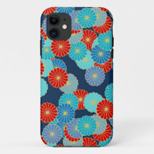 Capa Para iPhone 11 padrão de flor Art Deco - azul, turquesa e vermelh