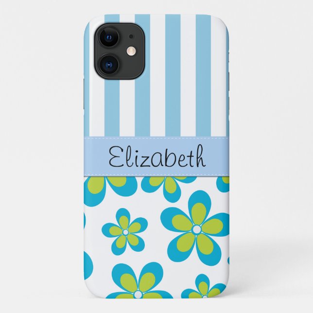 Capa Para iPhone 11 Padrão De Flores, Bandas Azuis, Seu Nome (Verso)