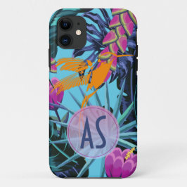 Capa Para iPhone 11 Padrão de Folhagem Tropical Brilhante com Hummingb