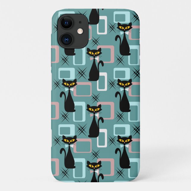 Capa Para iPhone 11 padrão de gatos pretos do meio século (Verso)