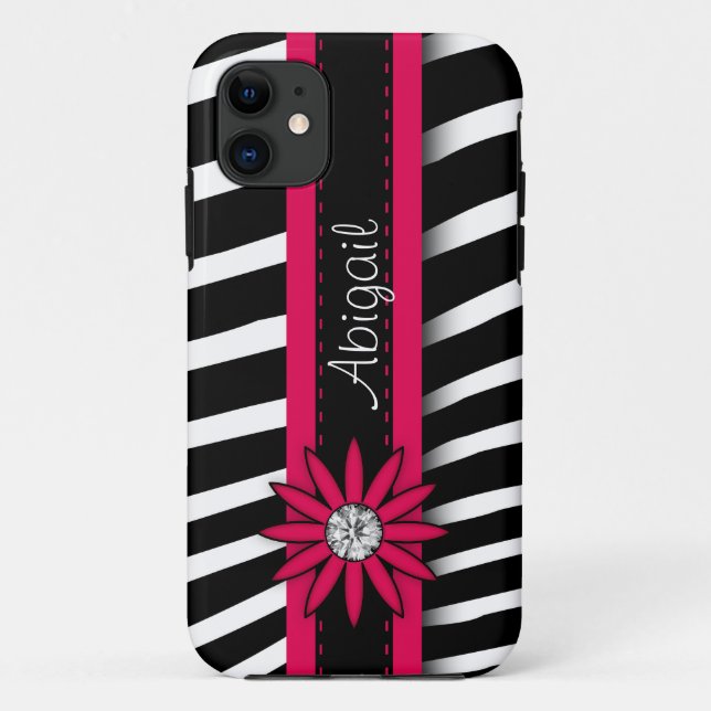 Capa Para iPhone 11 Padrão de Gema Floral Rosa Quente e Zebra (Verso)
