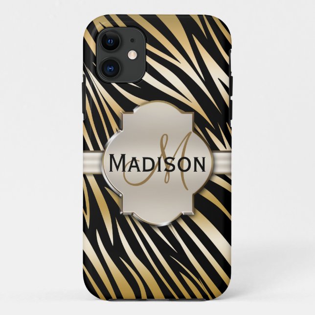 Capa Para iPhone 11 Padrão de Impressão de Zebra Dourada Preta Monogra (Verso)