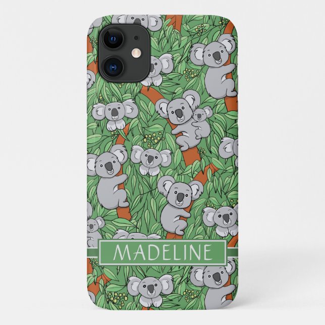 Capa Para iPhone 11 Padrão de Koala Cute Personalizar Verde (Verso)