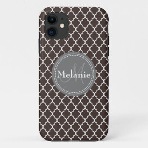 Capa Para iPhone 11 Padrão de Latice Marrom Branco Monograma