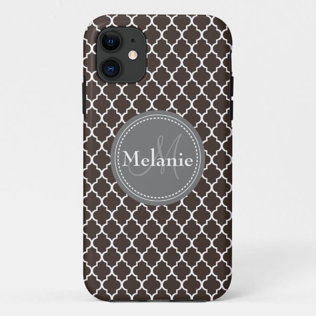 Capa Para iPhone 11 Padrão de Latice Marrom Branco Monograma (Verso)