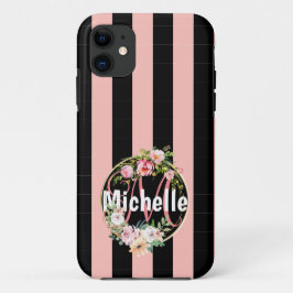 Capa Para iPhone 11 Padrão de listras pretas monograma com Flor