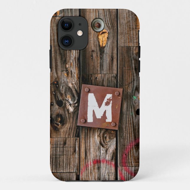 Capa Para iPhone 11 Padrão De Madeira Rústica Industrial Monogramada (Verso)