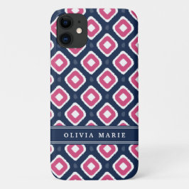 Capa Para iPhone 11 Padrão de Mod de Ikat Rosa Azul com Nome