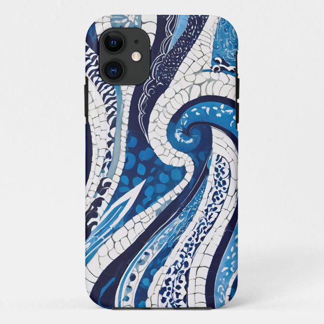 Capa Para iPhone 11 Padrão de onda branca azul 05 (Verso)