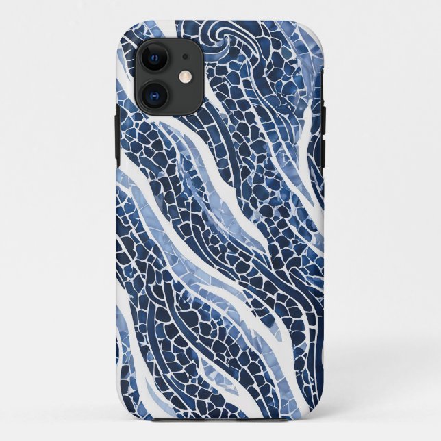 Capa Para iPhone 11 Padrão de Onda Branco Azul 15 (Verso)