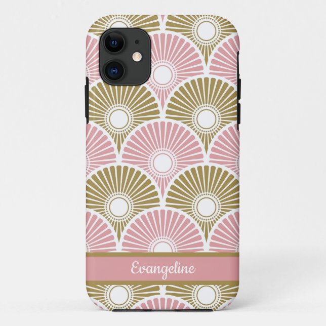 Capa Para iPhone 11 Padrão de onda de semicírculo chinês rosa e latão (Verso)