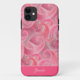 Capa Para iPhone 11 Padrão de Paisley Rosa Girly com Nome