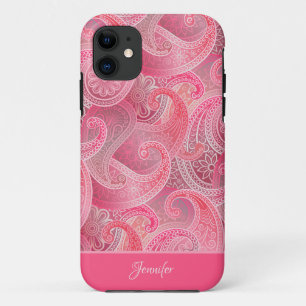 Capa Para iPhone 11 Padrão de Paisley Rosa Girly com Nome