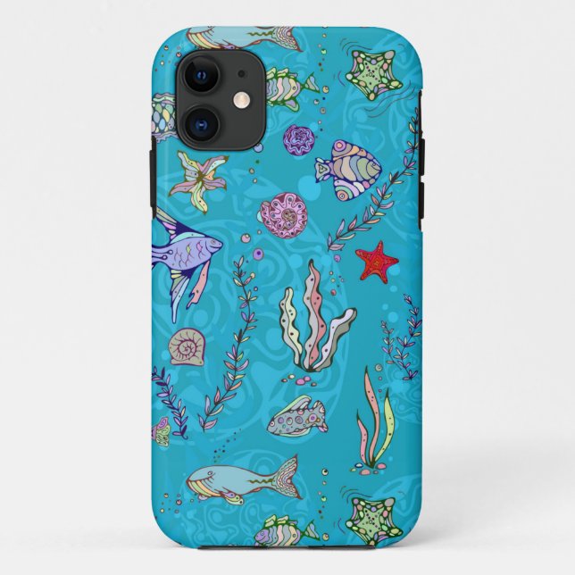 Capa Para iPhone 11 Padrão de Peixe Turquesa (Verso)